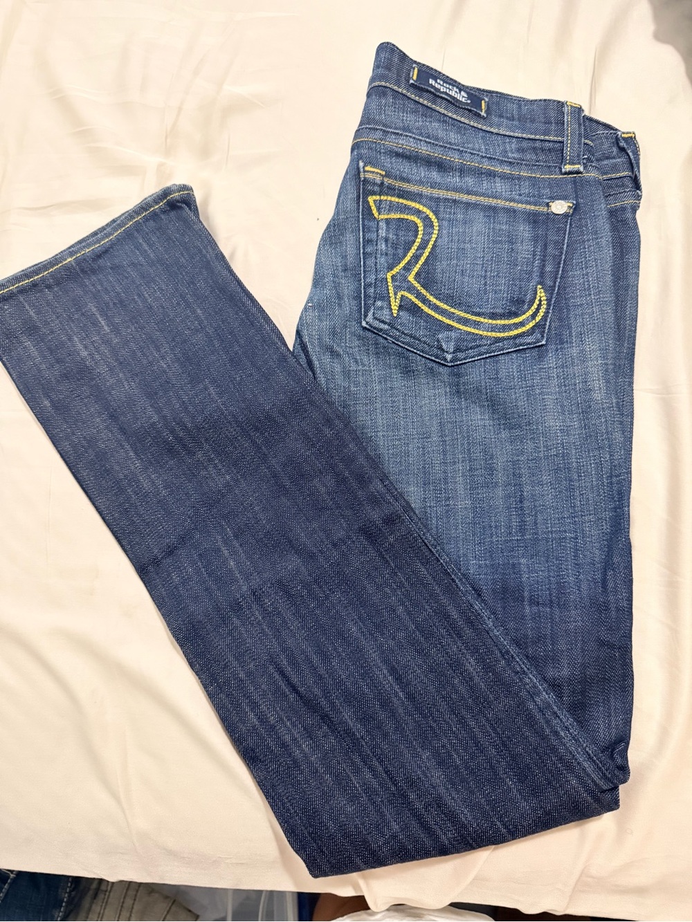 Rock & Republic Dark Blue Straight-Leg Jeans with Yellow Accent